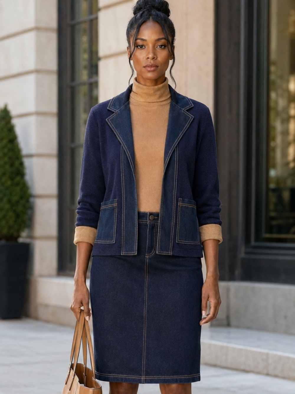 NWT | Sioni | Two-Piece Navy Denim Look Jacket and Skirt | Size Medium